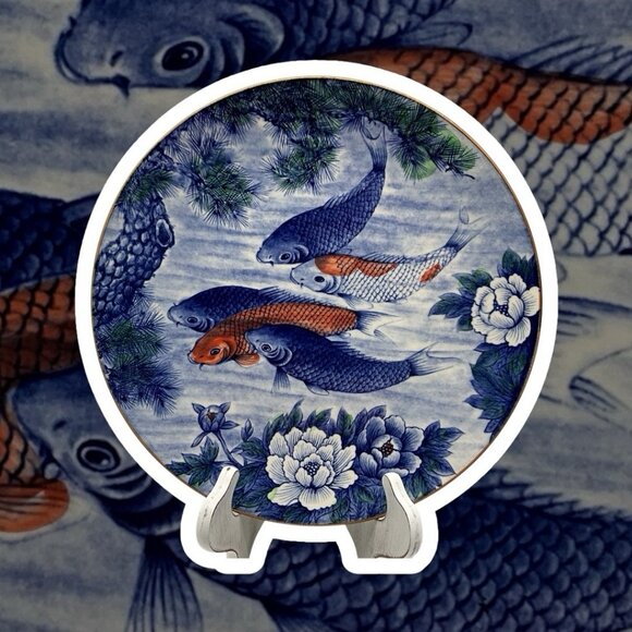 Japanese Vintage Koi Fish and Lotus Blue 12" Charger/Small Platter Collectible - Picture 3 of 14